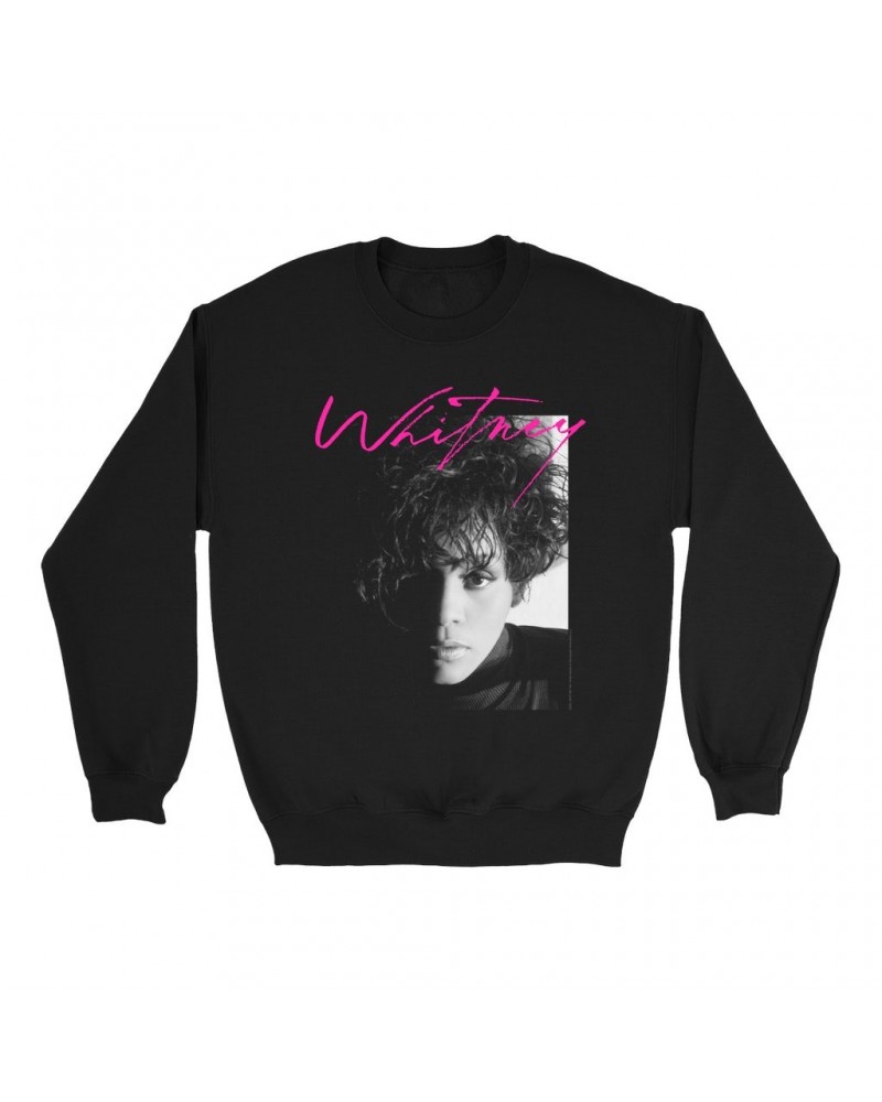 Whitney Houston Sweatshirt | Dramatic Lighting Photo And Pink Signature Image Sweatshirt $9.44 Sweatshirts