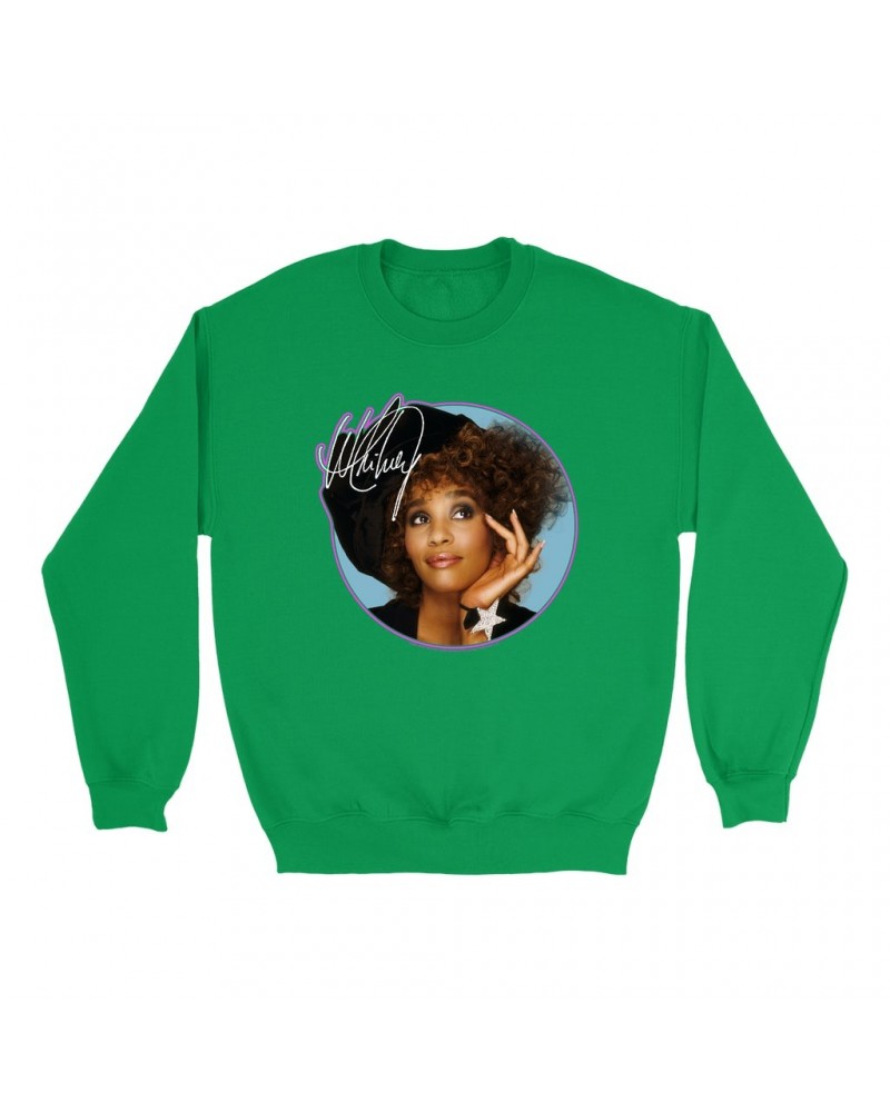 Whitney Houston Bright Colored Sweatshirt | Whitney Signature Album Photo Pink Image Sweatshirt $7.51 Sweatshirts