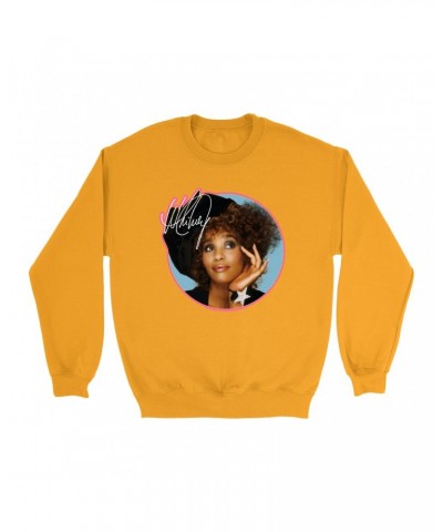 Whitney Houston Bright Colored Sweatshirt | Whitney Signature Album Photo Pink Image Sweatshirt $7.51 Sweatshirts