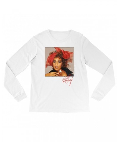 Whitney Houston Long Sleeve Shirt | Whitney Red Star Photo With Signature Distressed Shirt $7.51 Shirts