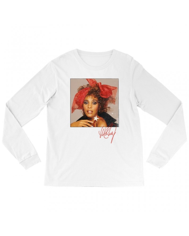 Whitney Houston Long Sleeve Shirt | Whitney Red Star Photo With Signature Distressed Shirt $7.51 Shirts