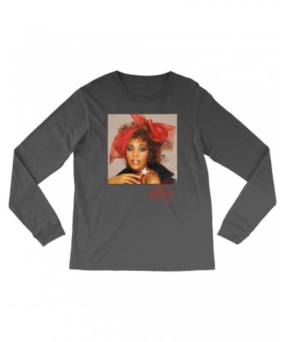 Whitney Houston Long Sleeve Shirt | Whitney Red Star Photo With Signature Distressed Shirt $7.51 Shirts