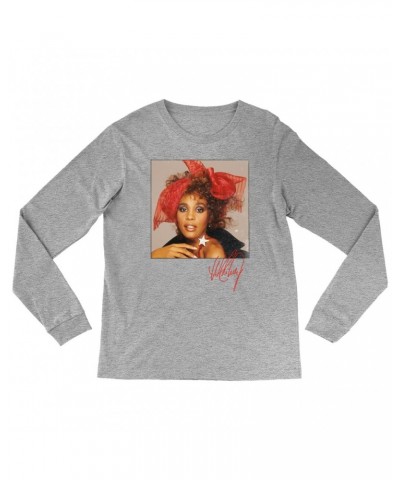 Whitney Houston Long Sleeve Shirt | Whitney Red Star Photo With Signature Distressed Shirt $7.51 Shirts