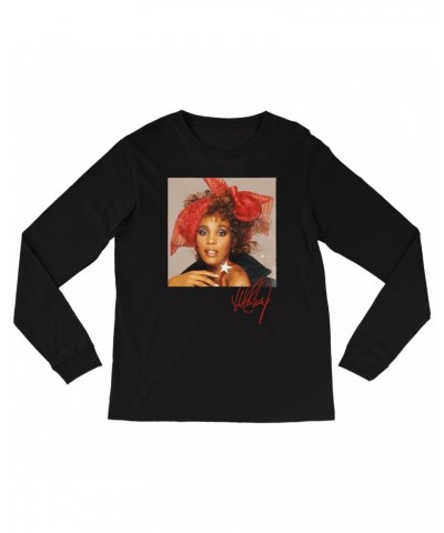 Whitney Houston Long Sleeve Shirt | Whitney Red Star Photo With Signature Distressed Shirt $7.51 Shirts